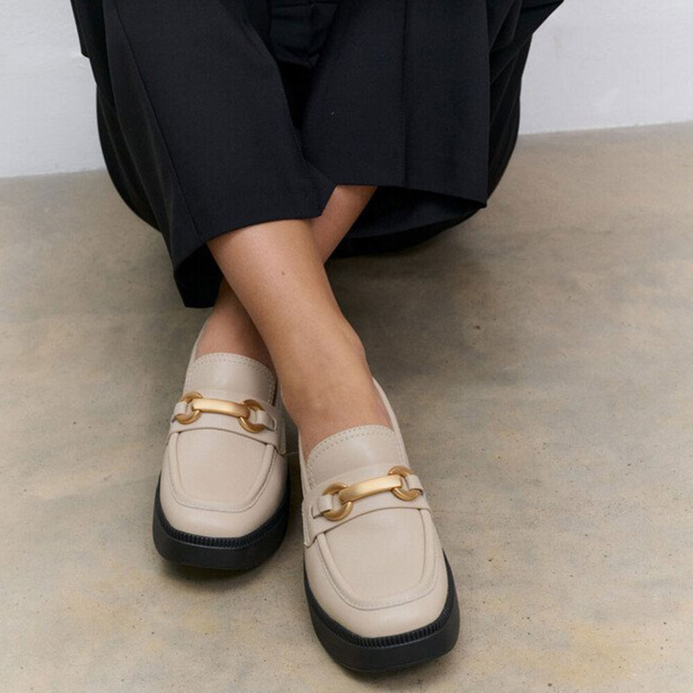 FitFlop F-Luma Chunky Snaffle Leather Demi Wedge Loafers in Stone Beige Size 8.5